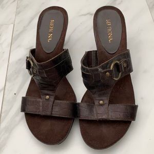 Brown slip on high heel sandals